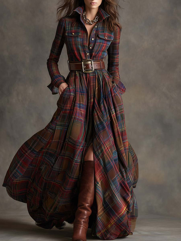 Violet | Women's Plaid Belted Maxi Shirt Dress