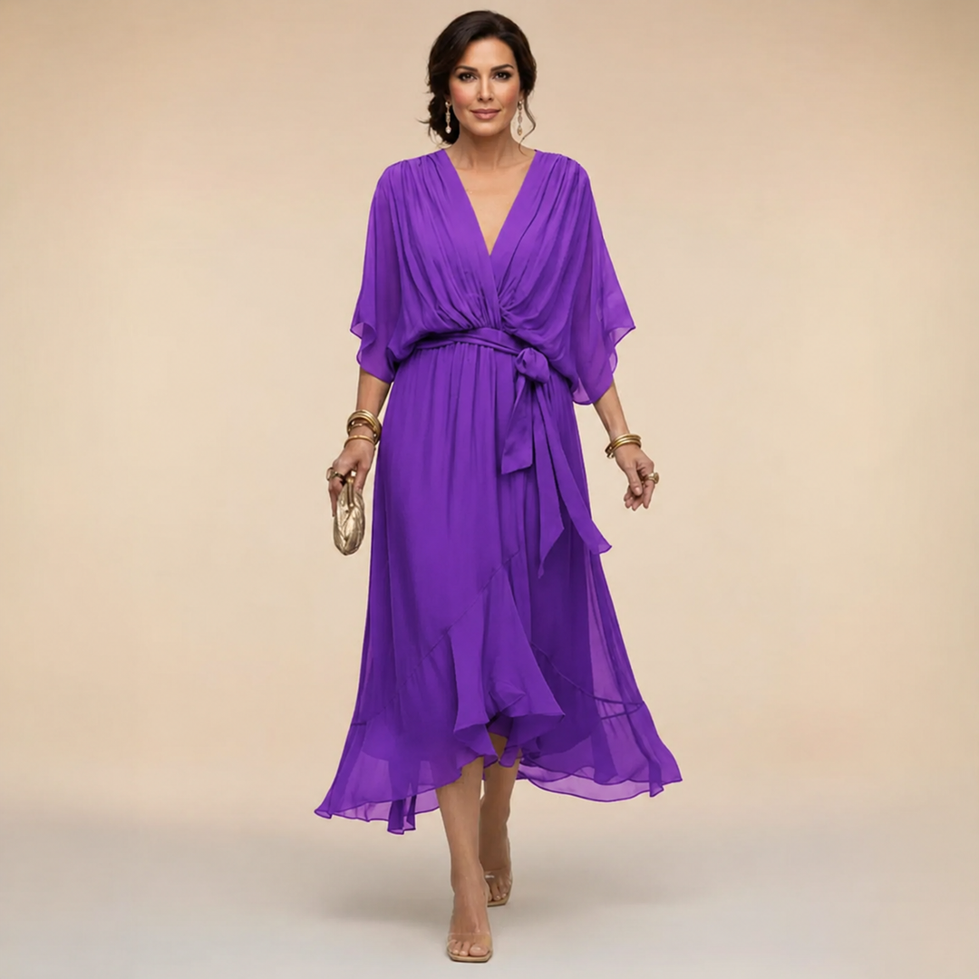 Monica | Women's Wrap V-Neck Flowing Midi Dress