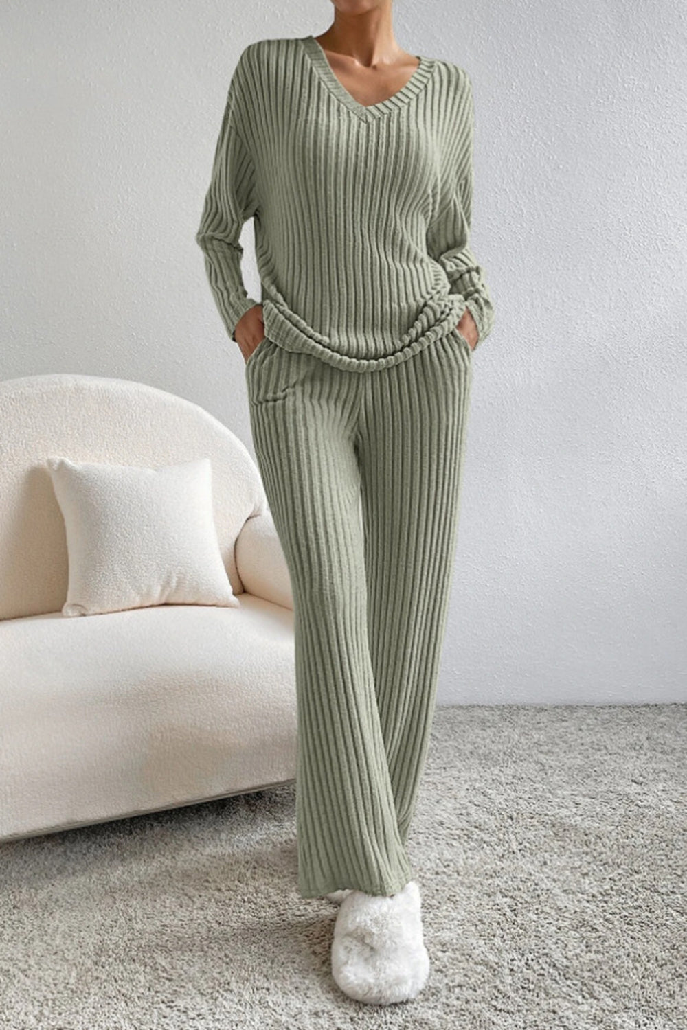 Lyra | Women's Ribbed V-Neck Top and Pants Set