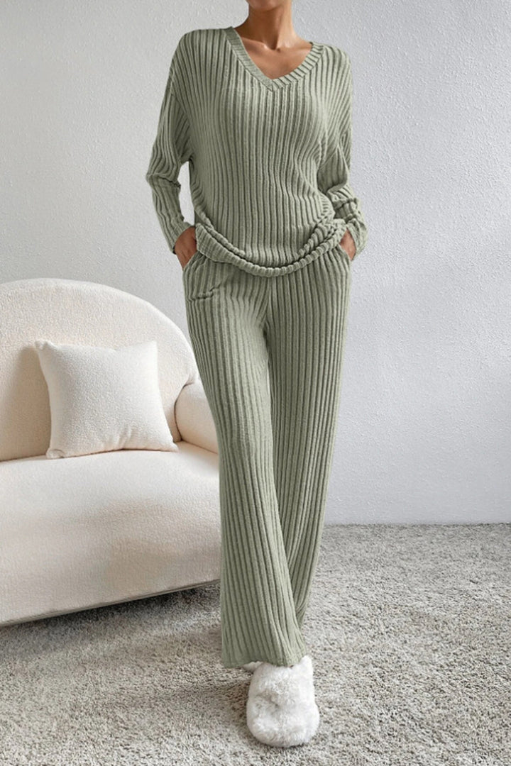 Lyra | Women's Ribbed V-Neck Top and Pants Set
