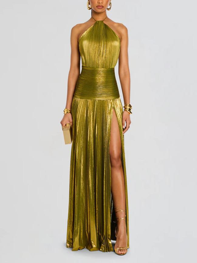 Vera | Women's Metallic Pleated Halter Gown