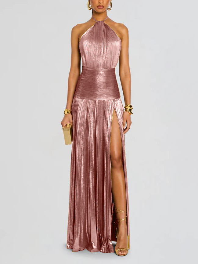 Vera | Women's Metallic Pleated Halter Gown