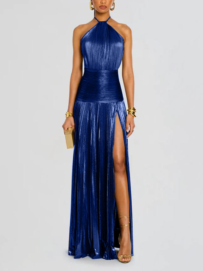 Vera | Women's Metallic Pleated Halter Gown