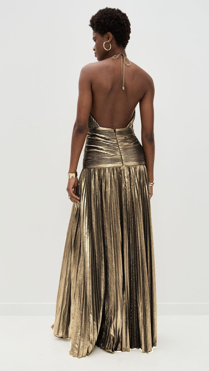 Vera | Women's Metallic Pleated Halter Gown