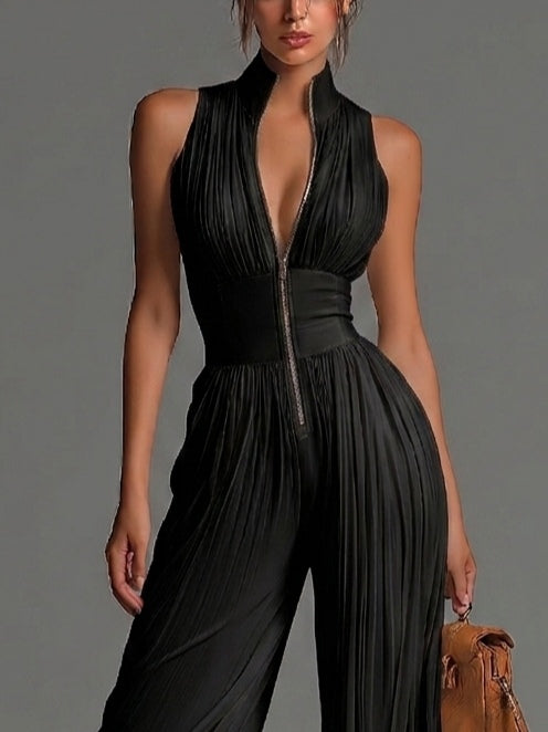 Eva | Women's Deep V-Neck Sleeveless Pleated Wide-Leg Jumpsuit