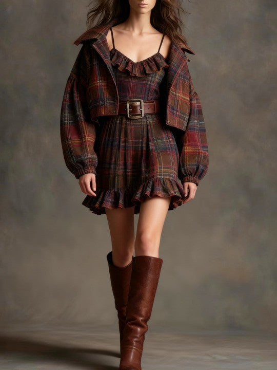 Geraldine | Women's Vintage Plaid Ruffle Mini Dress Set