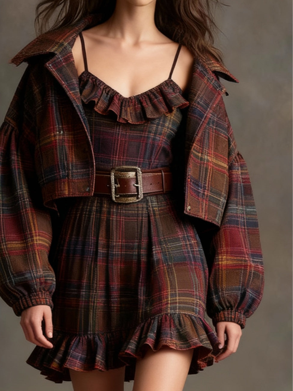 Geraldine | Women's Vintage Plaid Ruffle Mini Dress Set