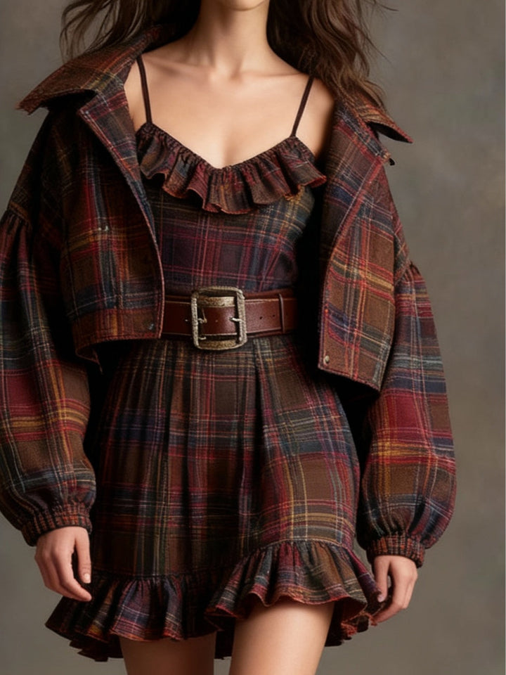 Geraldine | Women's Vintage Plaid Ruffle Mini Dress Set
