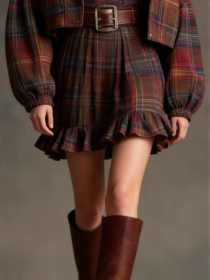 Geraldine | Women's Vintage Plaid Ruffle Mini Dress Set