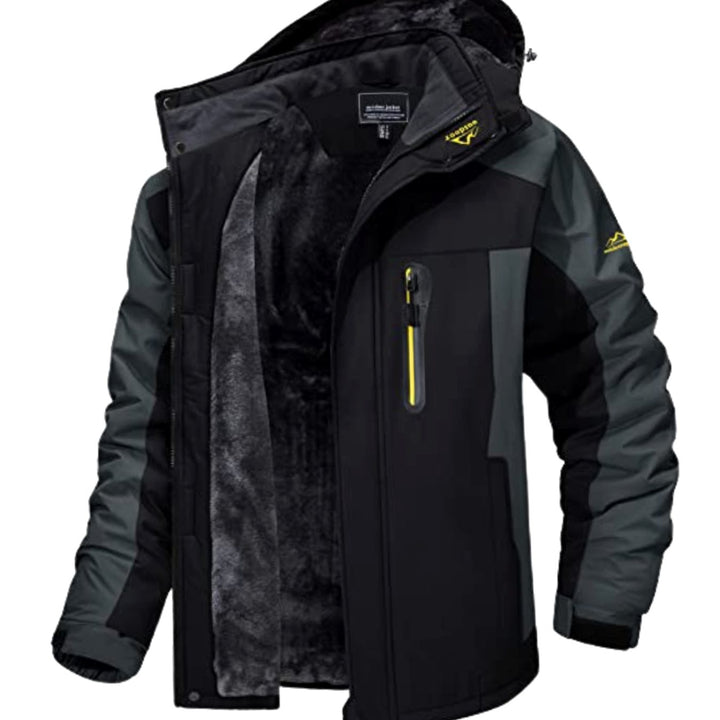 Men's Fleece-Lined Windproof Hooded Heavy-Duty Winter Jacket - Black