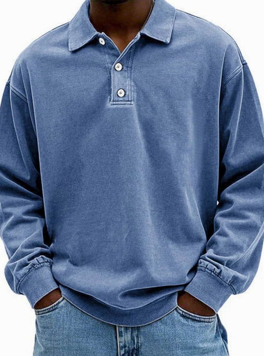 Men's Vintage Relaxed-Fit Long Sleeve Polo Shirt - Blue