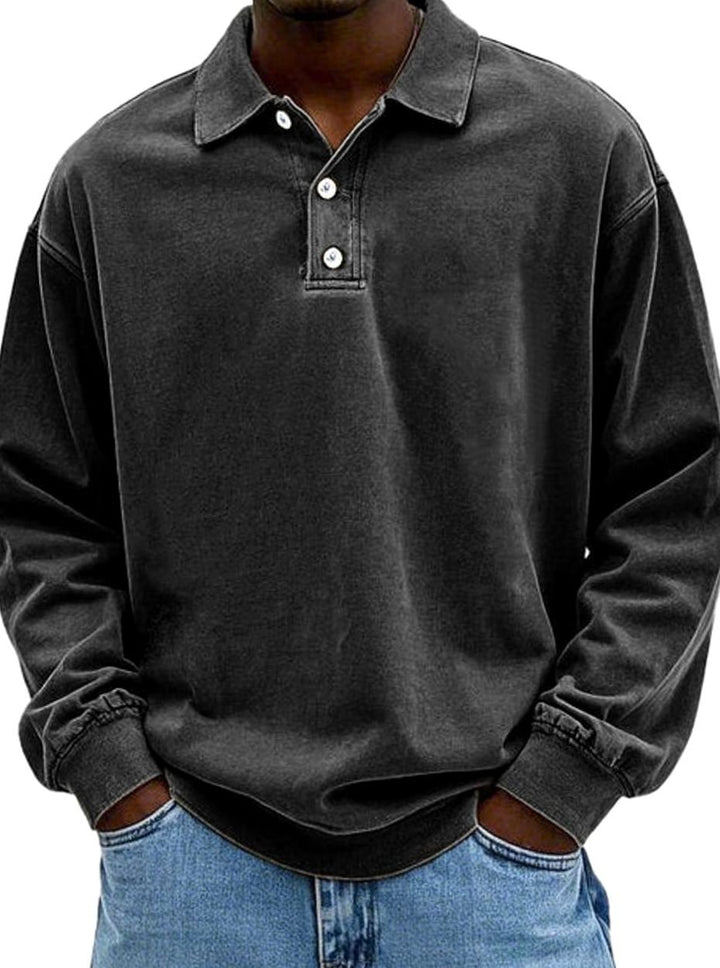 Men's Vintage Relaxed-Fit Long Sleeve Polo Shirt - Black