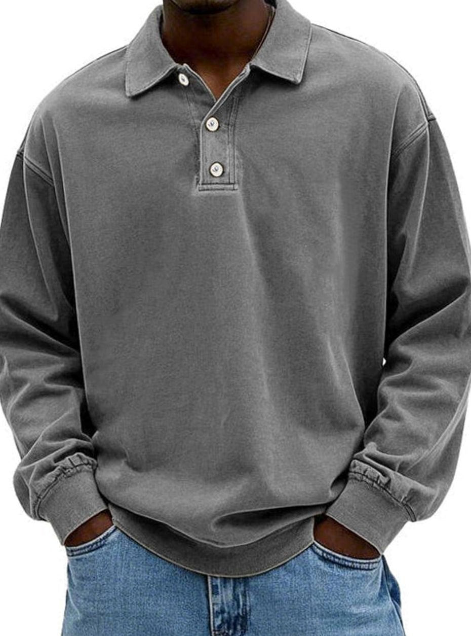 Men's Vintage Relaxed-Fit Long Sleeve Polo Shirt - Gray