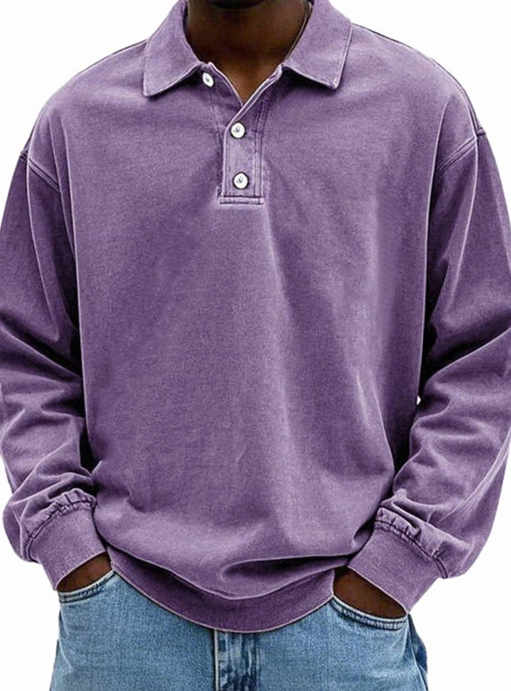 Men's Vintage Relaxed-Fit Long Sleeve Polo Shirt - Purple