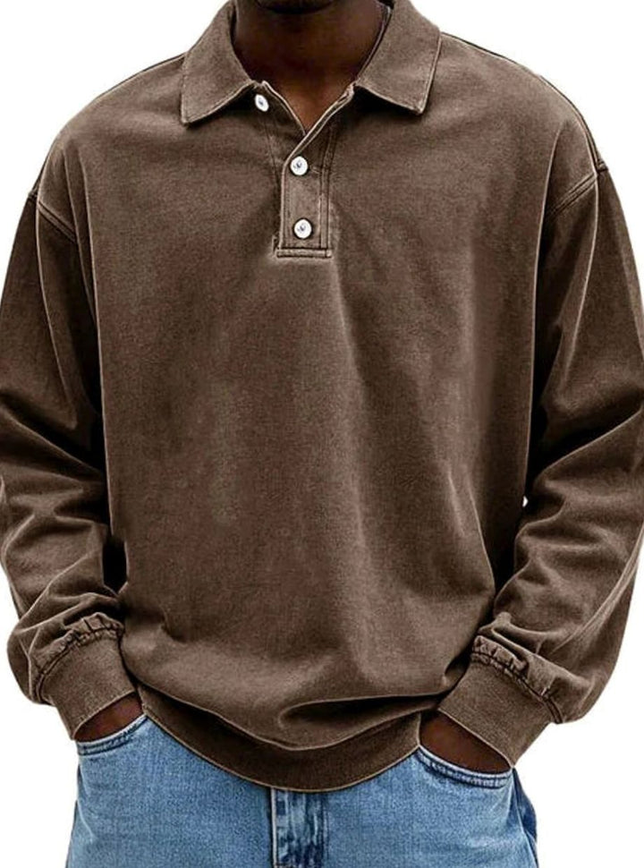 Men's Vintage Relaxed-Fit Long Sleeve Polo Shirt - Brown