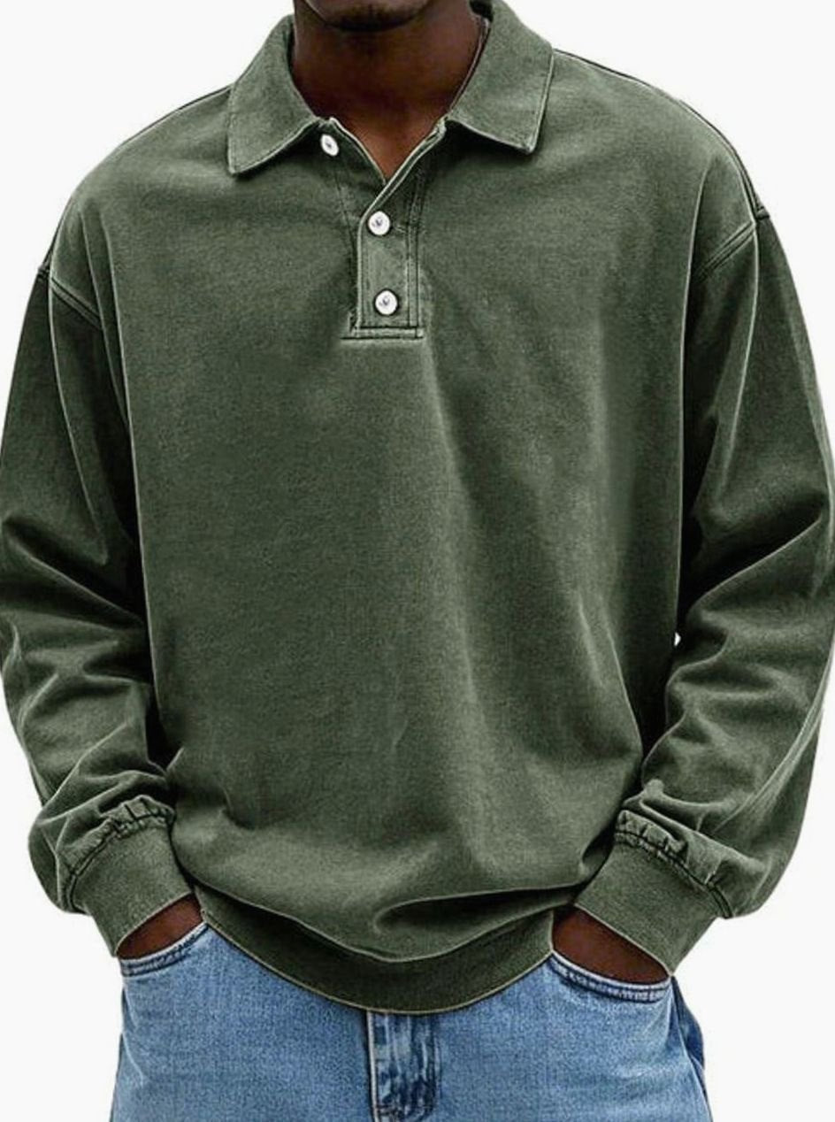 Men's Vintage Relaxed-Fit Long Sleeve Polo Shirt - Army Green