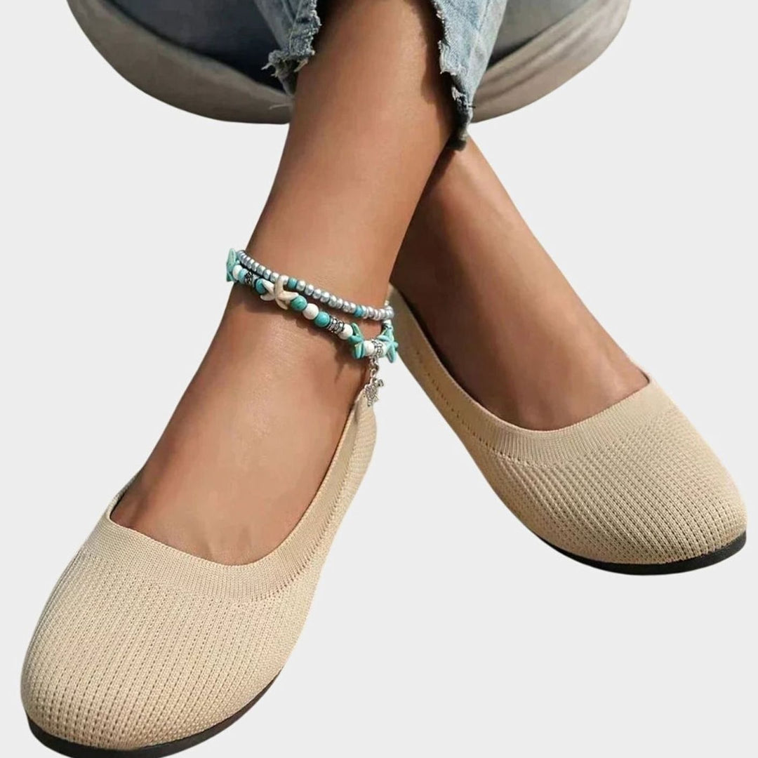Women's Breathable Slip-On Knit Ballet Flats Orthopedic Support - Beige