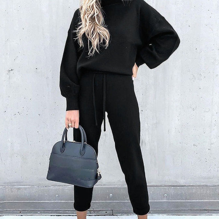 Women's Cozy Two-Piece Relaxed-Fit Crewneck Tracksuit Outfit - Black
