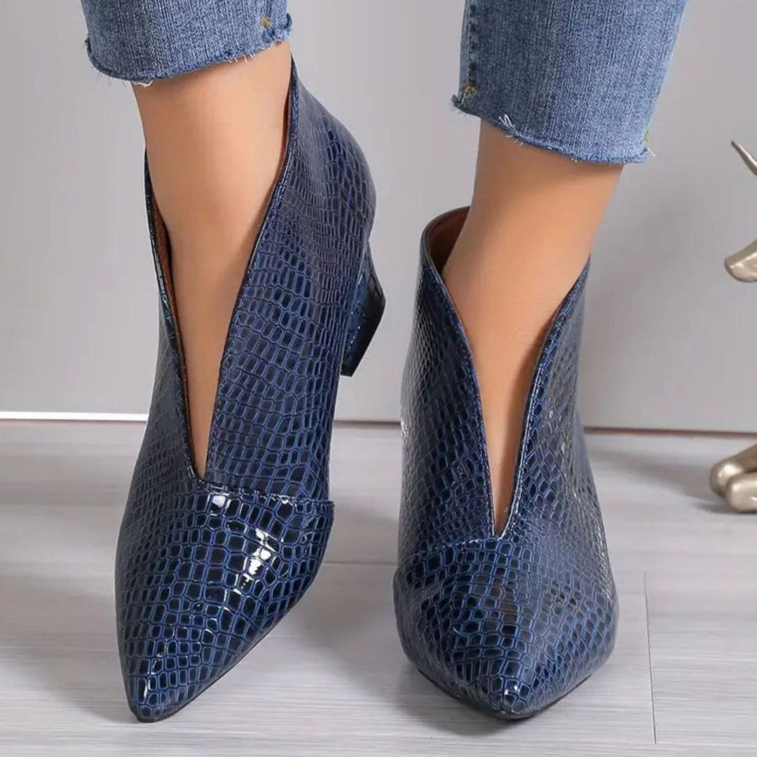 Women's Croc-Embossed V-Cut Pointed-Toe Block-Heel Ankle Boots