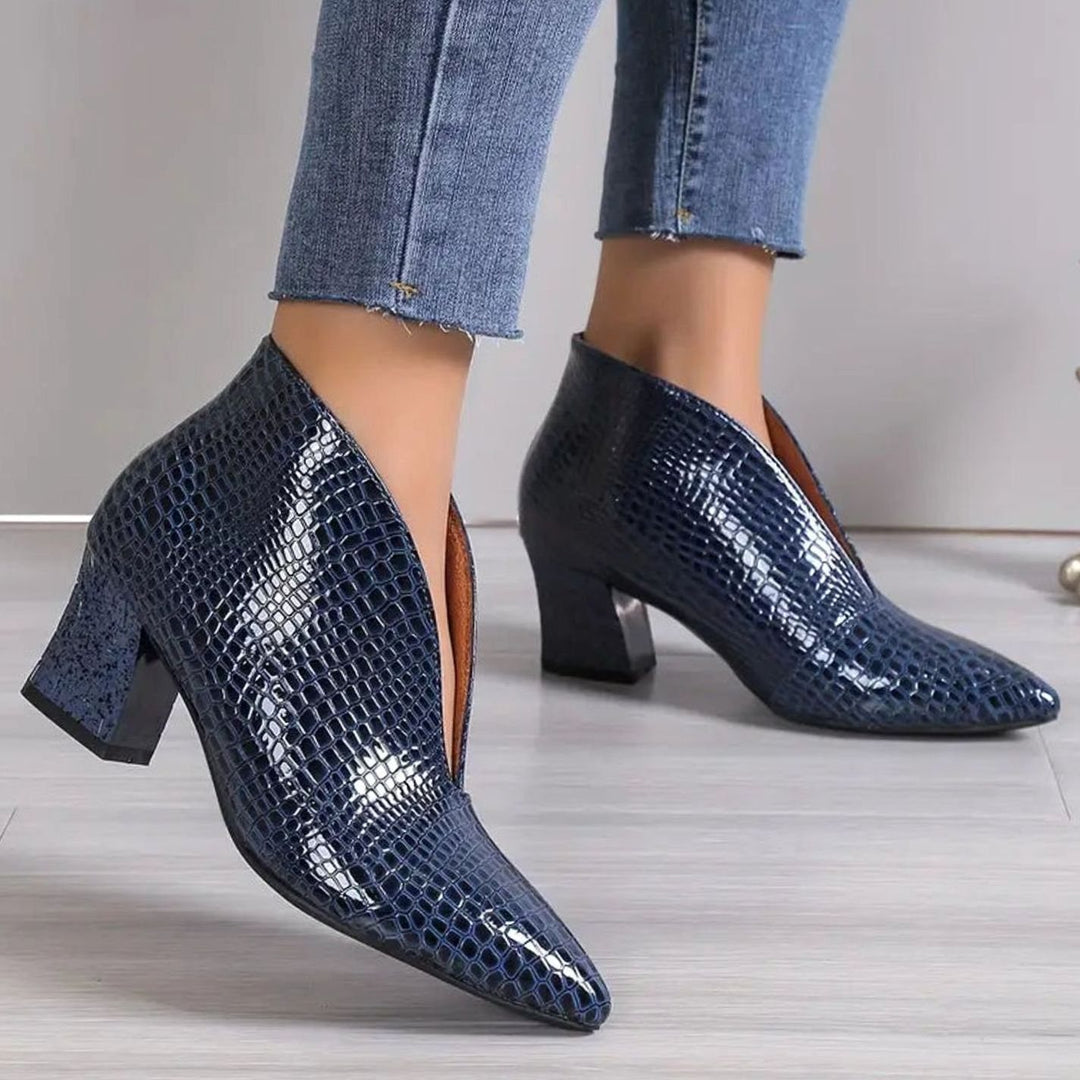 Women's Croc-Embossed V-Cut Pointed-Toe Block-Heel Ankle Boots - Royal Blue