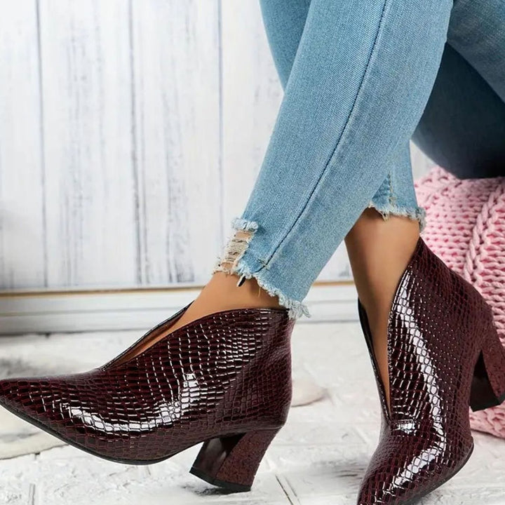 Women's Croc-Embossed V-Cut Pointed-Toe Block-Heel Ankle Boots