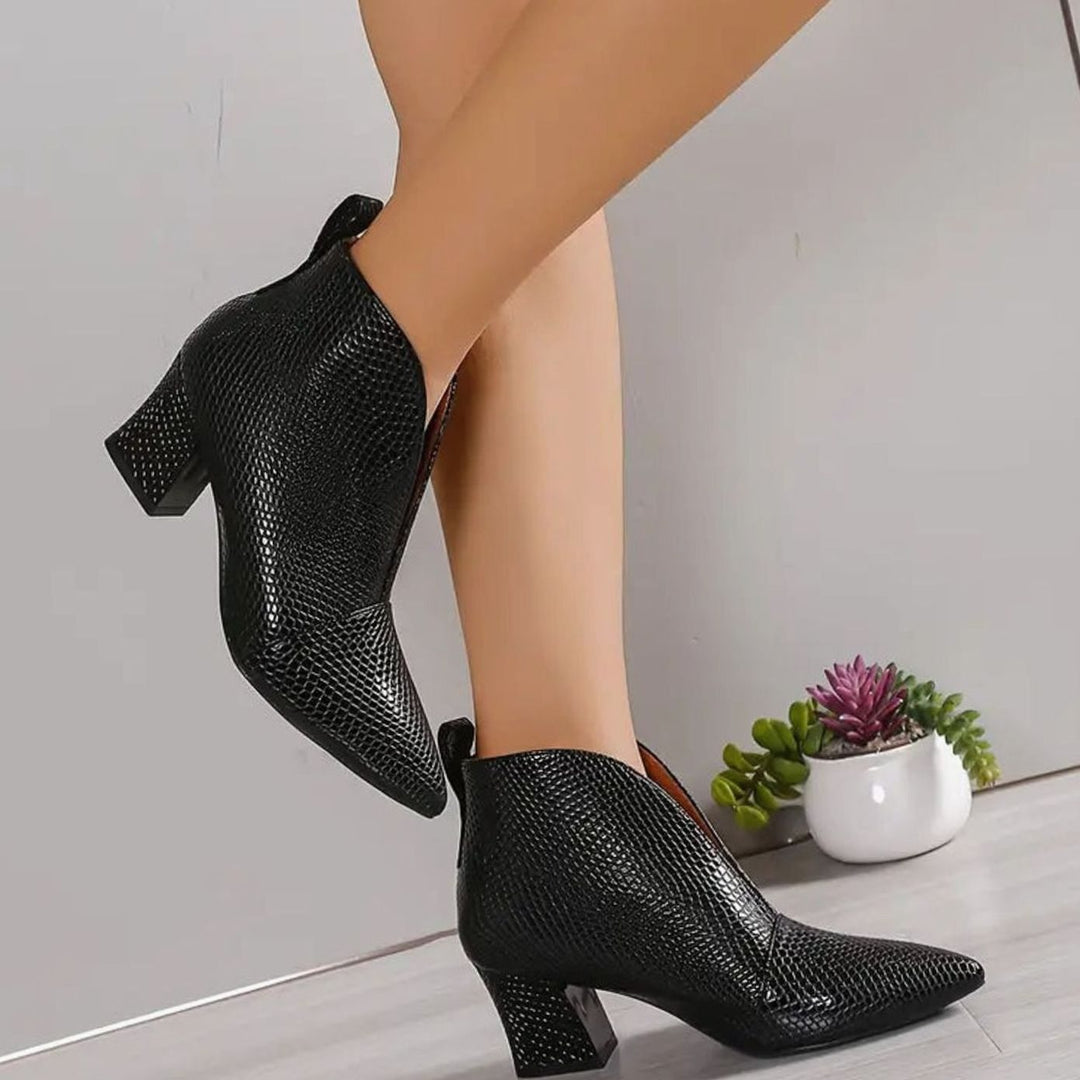 Women's Croc-Embossed V-Cut Pointed-Toe Block-Heel Ankle Boots
