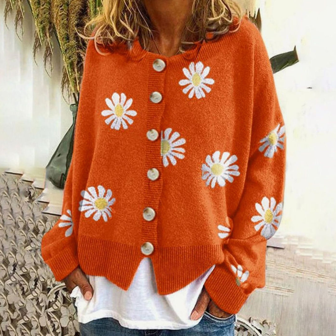 Women's Daisy Floral Button-Up Relaxed-Fit Knit Winter Cardigan - Orange