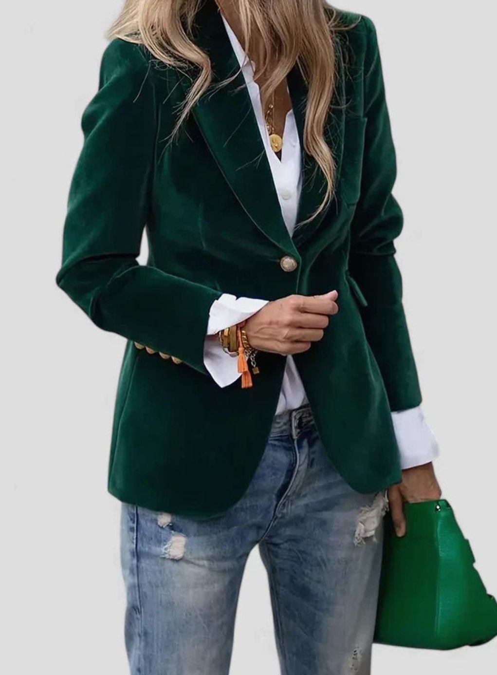 Women's Elegant Blazer Tailored Velvet Single-Button Jacket - Green