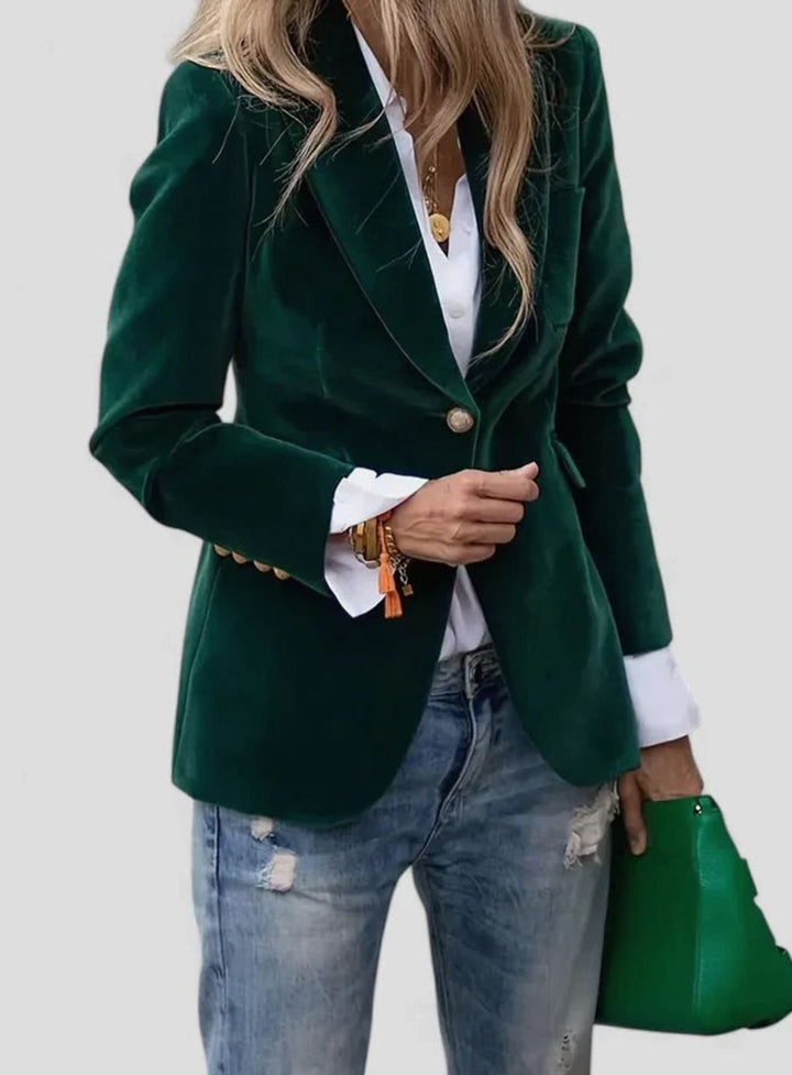 Women's Elegant Blazer Tailored Velvet Single-Button Jacket - Green