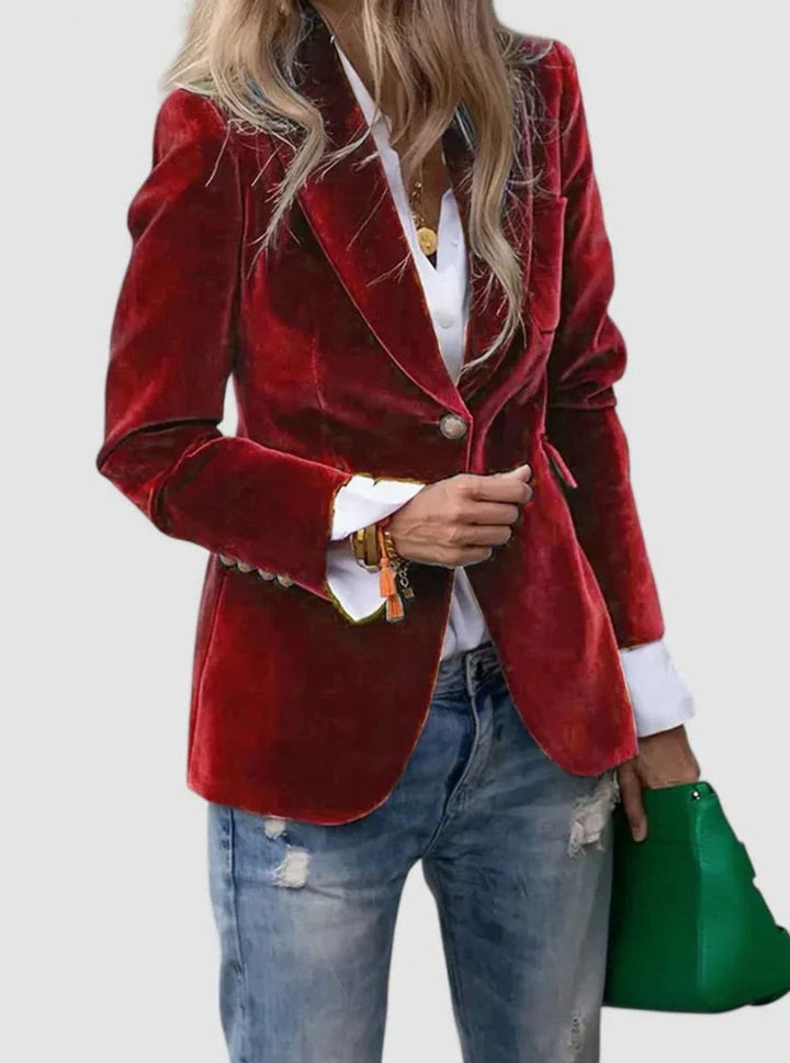 Women's Elegant Blazer Tailored Velvet Single-Button Jacket - Red