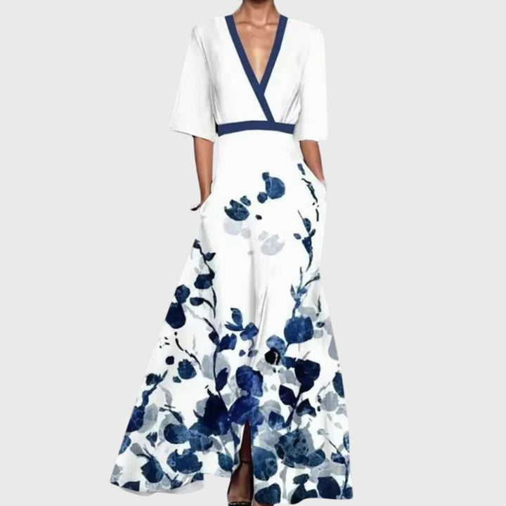 Women's Elegant Floral Formal Gown Deep V-Neck Flared Maxi Dress - White