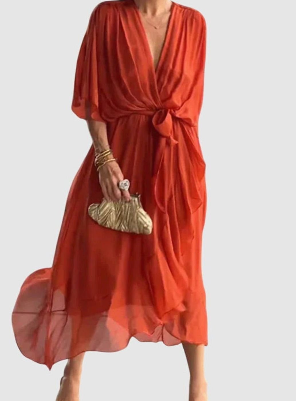 Women's Elegant V-Neck Batwing-Sleeve Belted Midi Dress - Orange