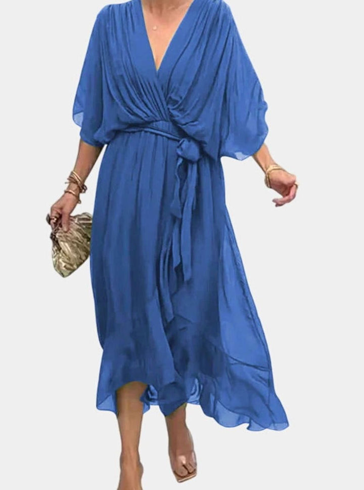 Women's Elegant V-Neck Batwing-Sleeve Belted Midi Dress - Navy Blue