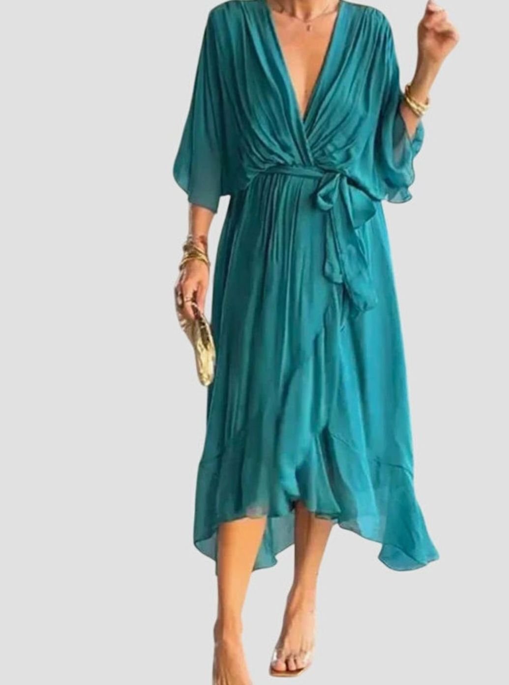 Women's Elegant V-Neck Batwing-Sleeve Belted Midi Dress - Blue