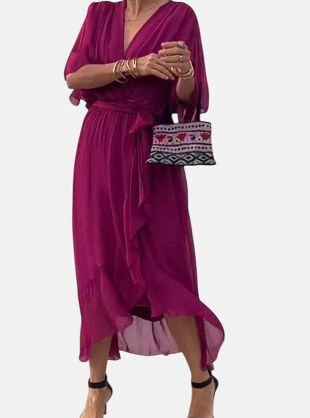 Women's Elegant V-Neck Batwing-Sleeve Belted Midi Dress
