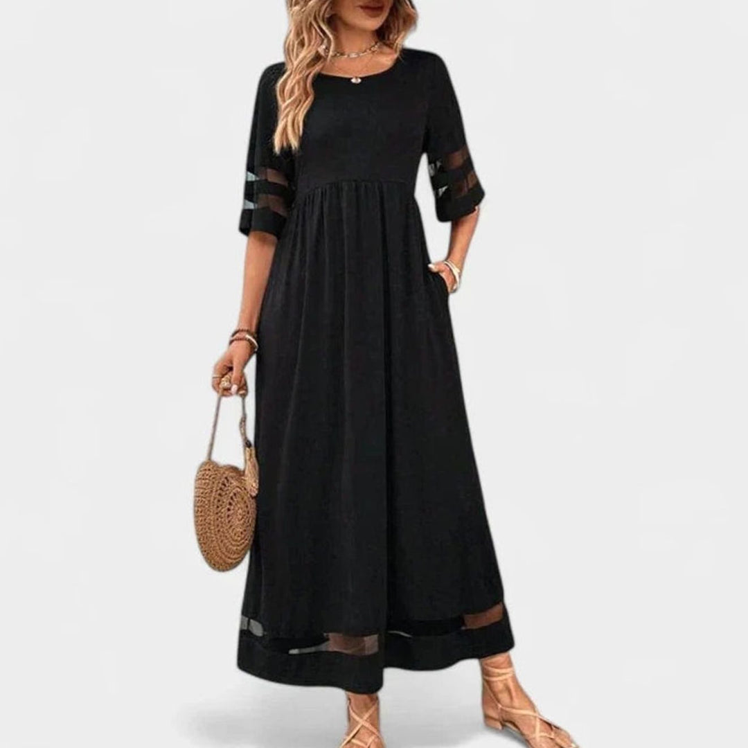 Women's Empire Waist Midi Dress Mesh-Trim Half-Sleeve Flowing Skirt