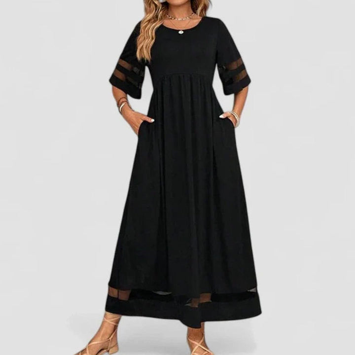 Women's Empire Waist Midi Dress Mesh-Trim Half-Sleeve Flowing Skirt