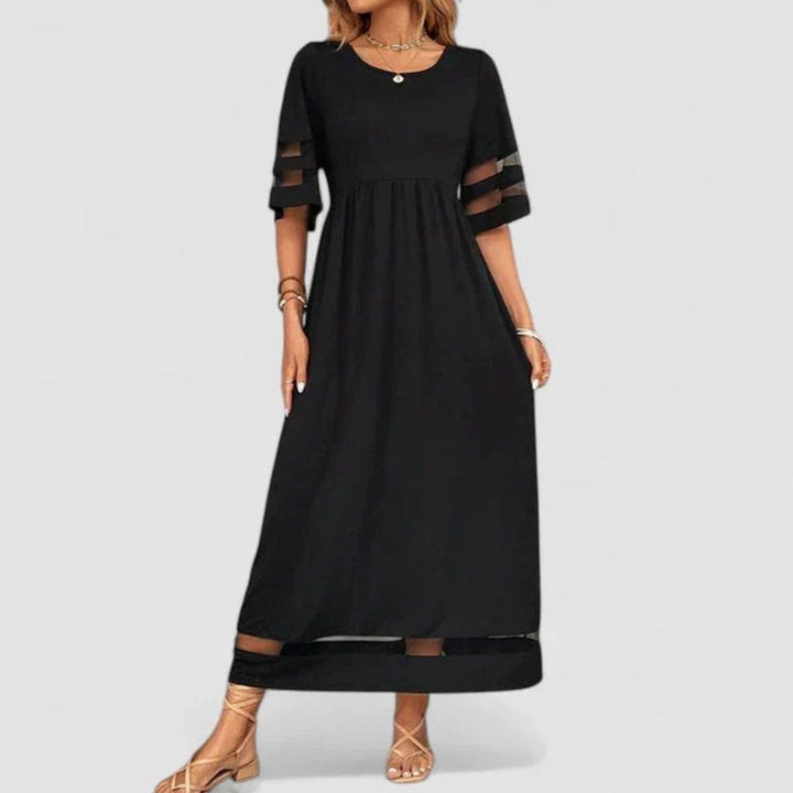 Women's Empire Waist Midi Dress Mesh-Trim Half-Sleeve Flowing Skirt - Black