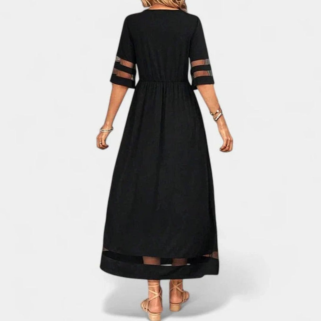Women's Empire Waist Midi Dress Mesh-Trim Half-Sleeve Flowing Skirt