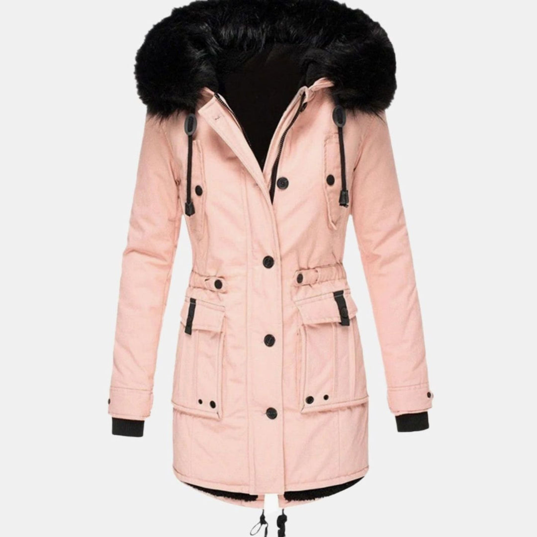 Women's Faux Fur Hooded Fitted Winter Coat - Pink