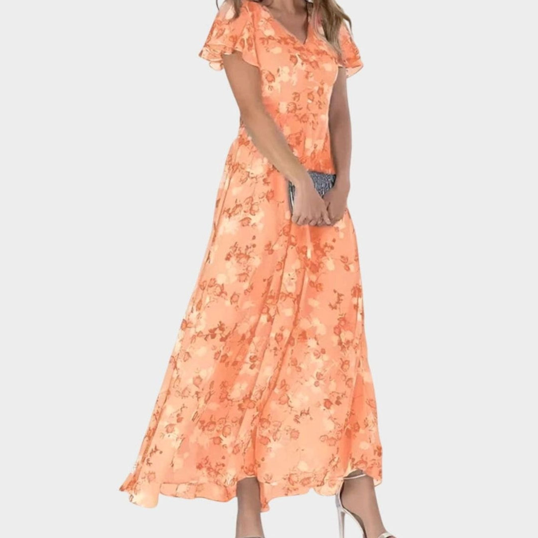 Women's Floral Flutter-Sleeve V-Neck Tailored Maxi Dress - Orange