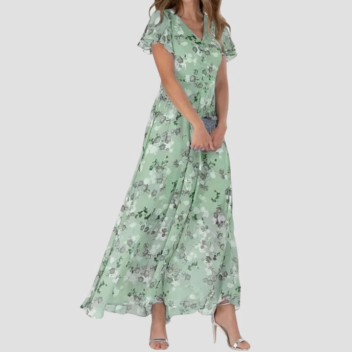 Women's Floral Flutter-Sleeve V-Neck Tailored Maxi Dress - Green