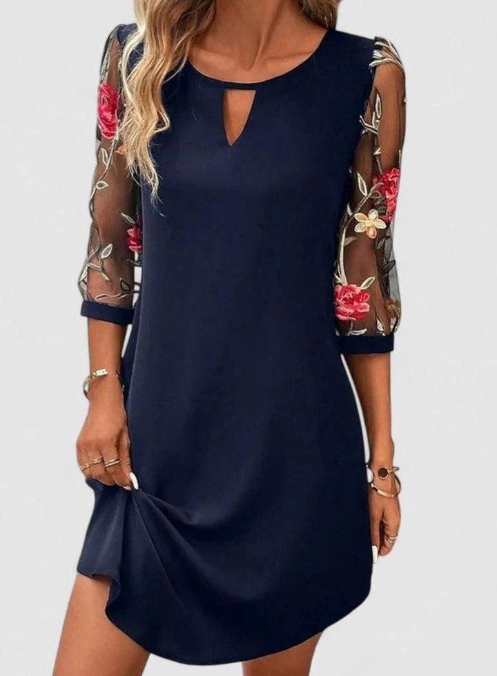 Women's Floral Mesh-Sleeve Keyhole Mini Dress for Weddings - Navy Blue