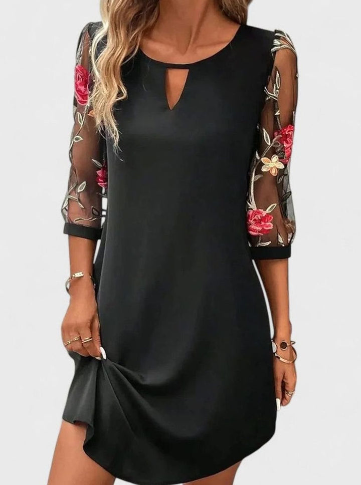 Women's Floral Mesh-Sleeve Keyhole Mini Dress for Weddings - Black