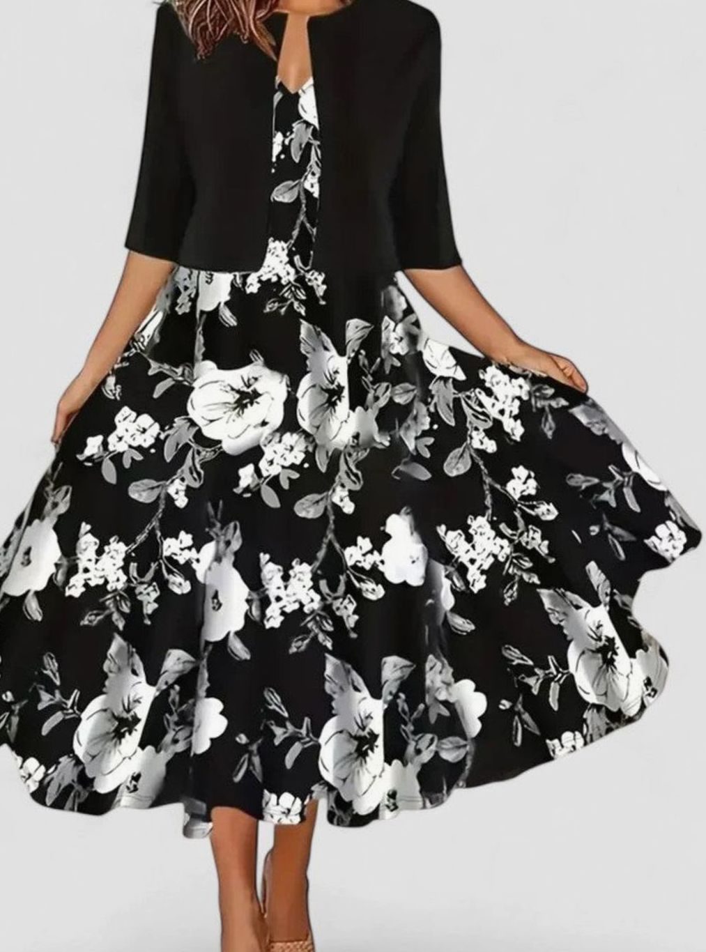 Women's Floral Tailored-Fit Midi Dress Matching Top Set - Black