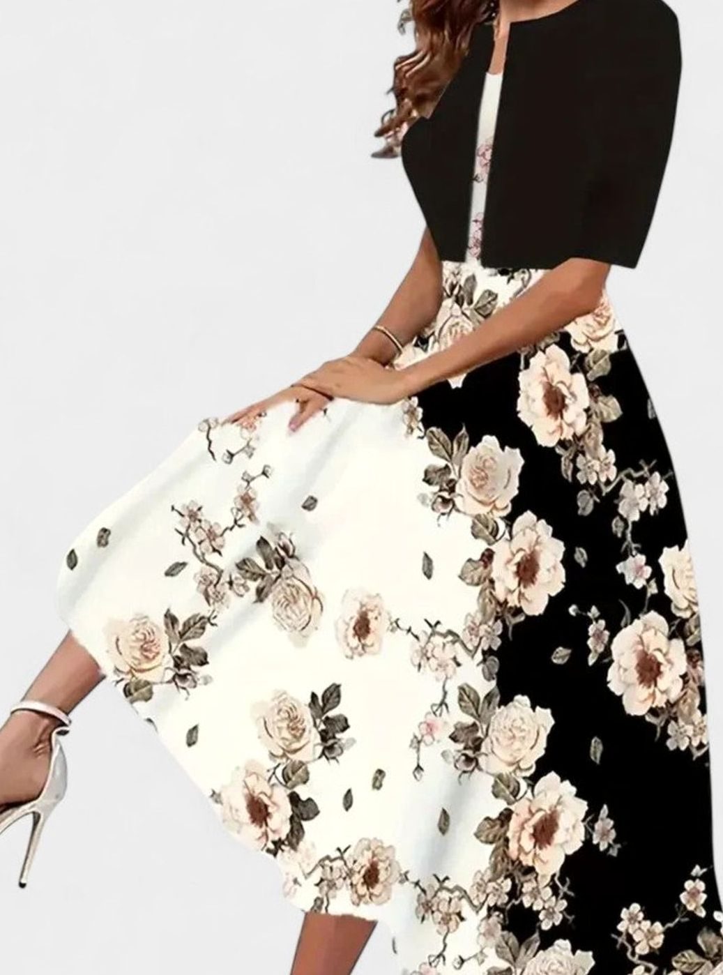 Women's Floral Tailored-Fit Midi Dress Matching Top Set - Black Large Floral