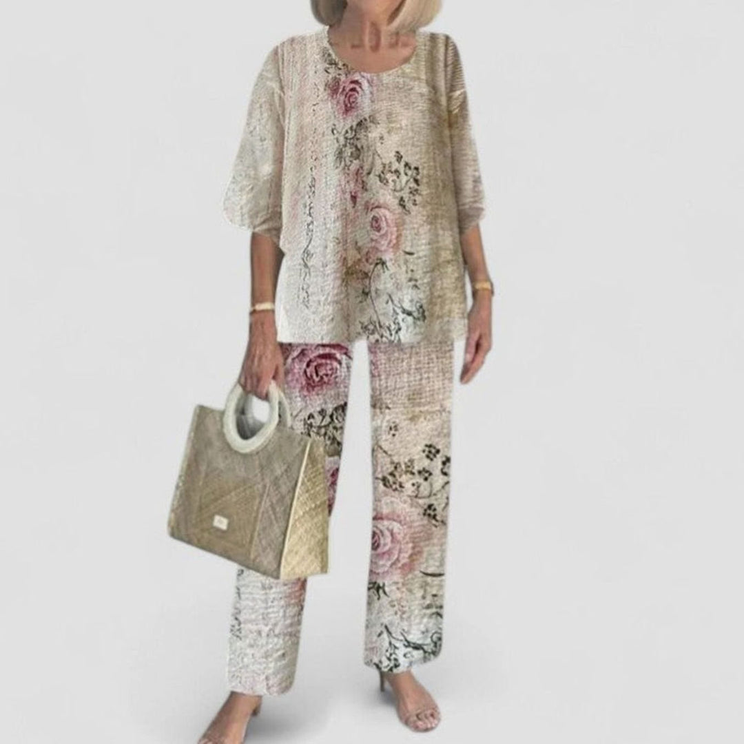 Women's Floral Wide-Leg Two-Piece Set Layered Top Pants Outfit - 14
