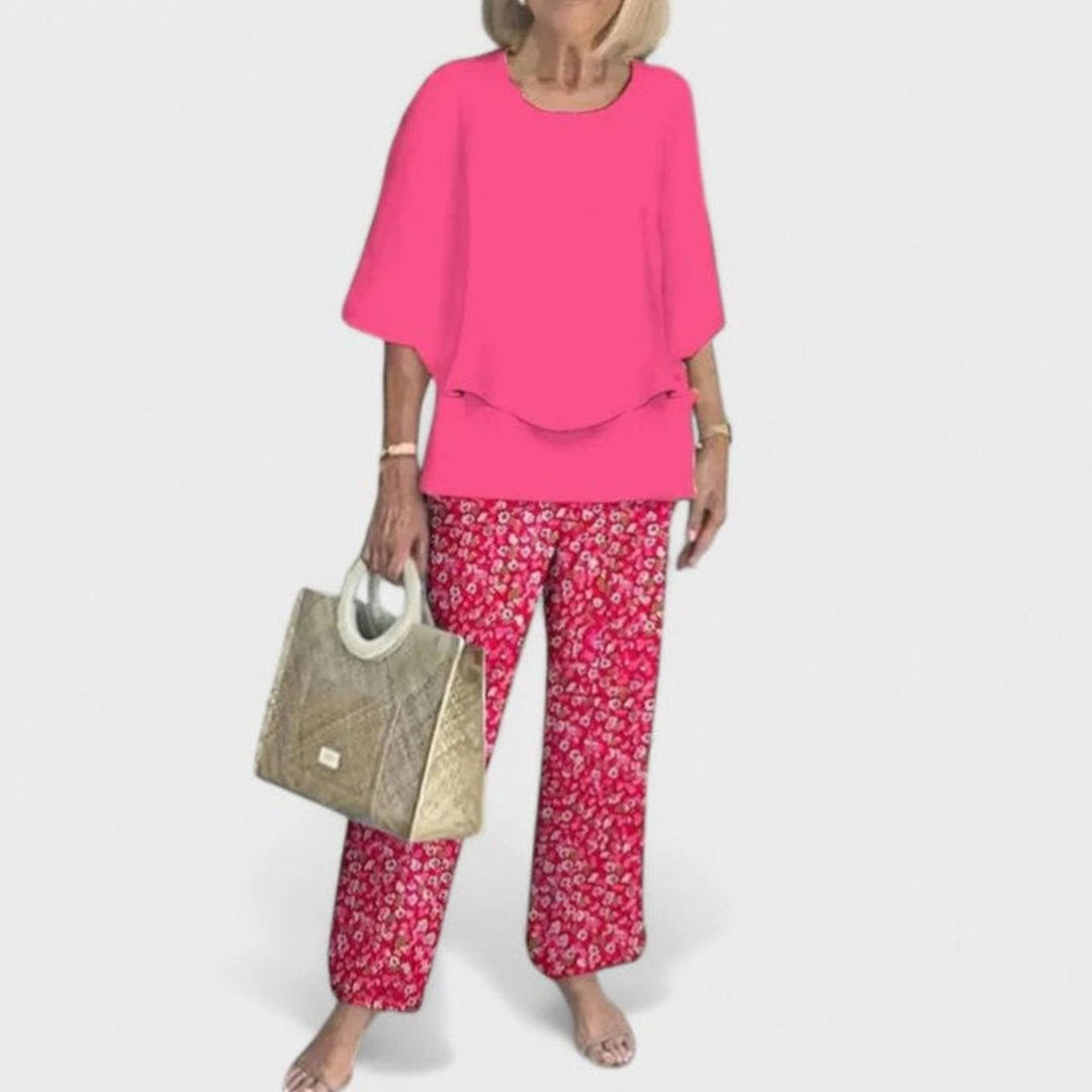 Women's Floral Wide-Leg Two-Piece Set Layered Top Pants Outfit - 12