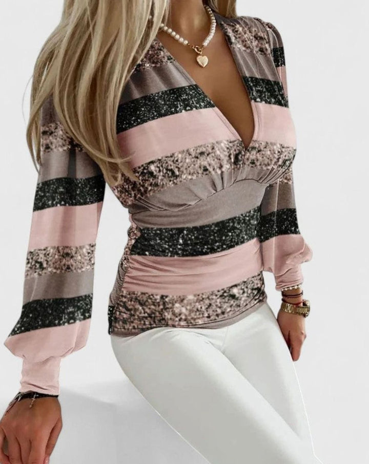 Women's Geometric Print Deep V-Neck Long-Sleeve Wrap Top - Tri-Color Stripe