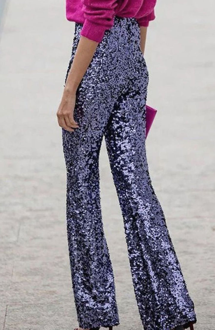 Women's High-Rise Flared Sequin Trousers - Dark Blue